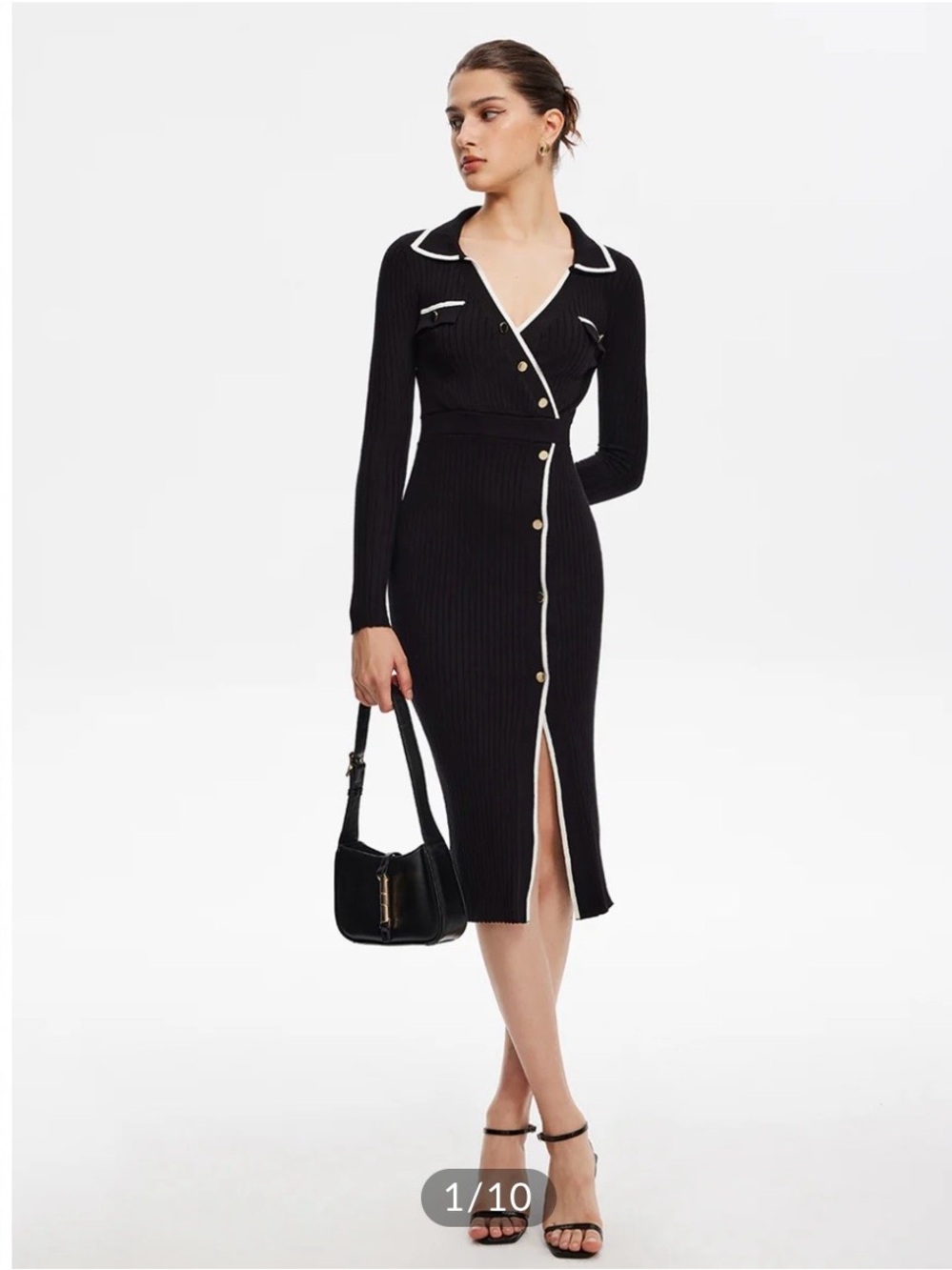 Commense Black Midi Ribbed Knit Dress with White Trim